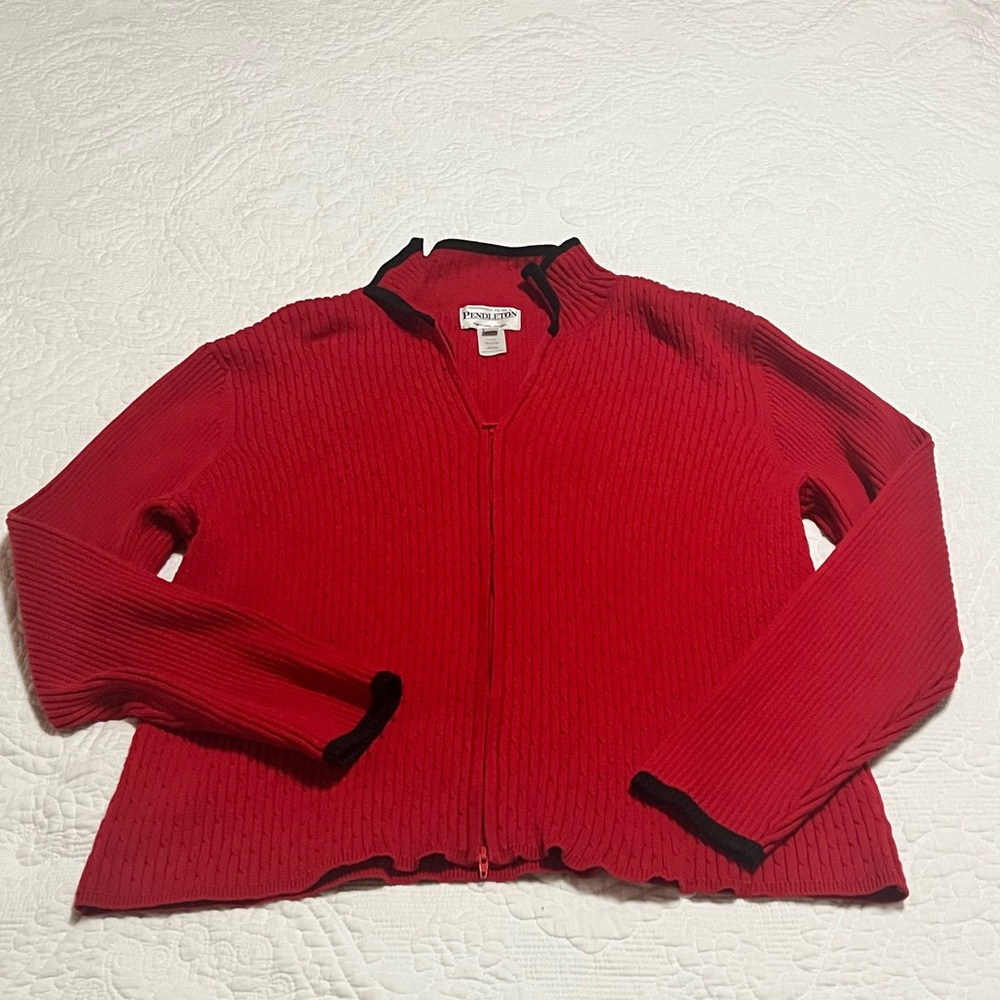 Pendleton Women’s Large Red Zip-Up Cardigan Sweater Textured Knit Luxury - Picture 8 of 13